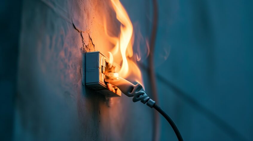 An electrician inspecting fire-damaged electrical wiring in a home.