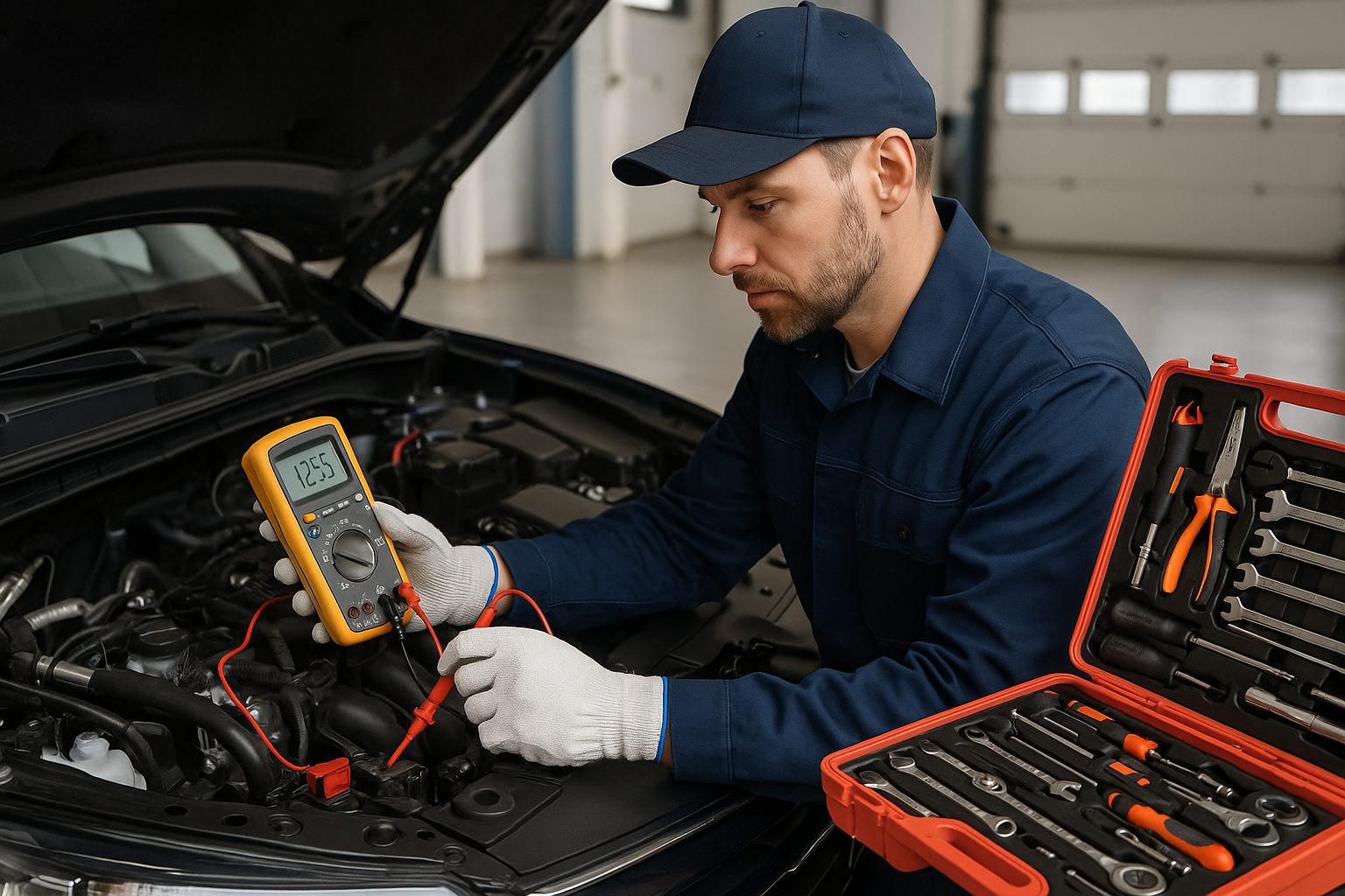 Professional auto electrician diagnosing vehicle electrical system in Southwest Florida