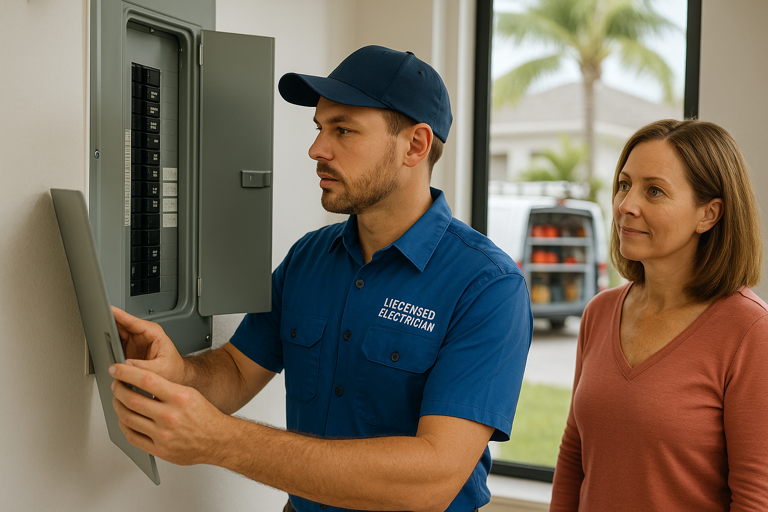 Licensed electrician near me inspecting residential electrical panel in Port Charlotte home