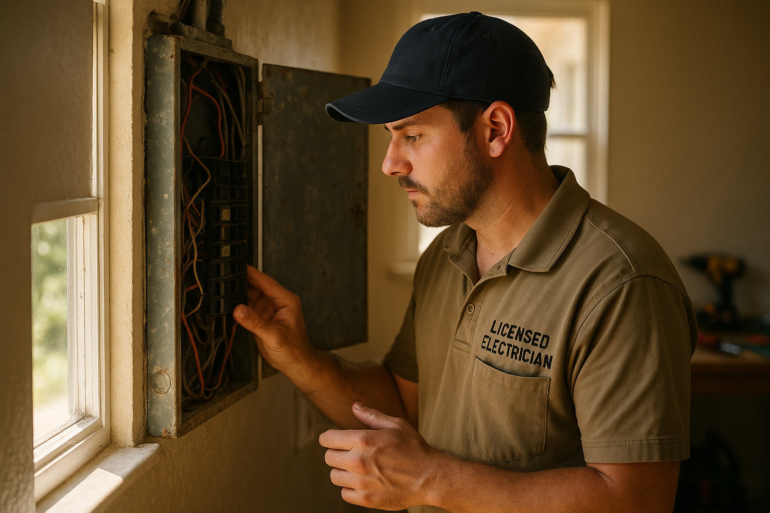 Licensed electrician examining old wiring that can cause electrical problems in home