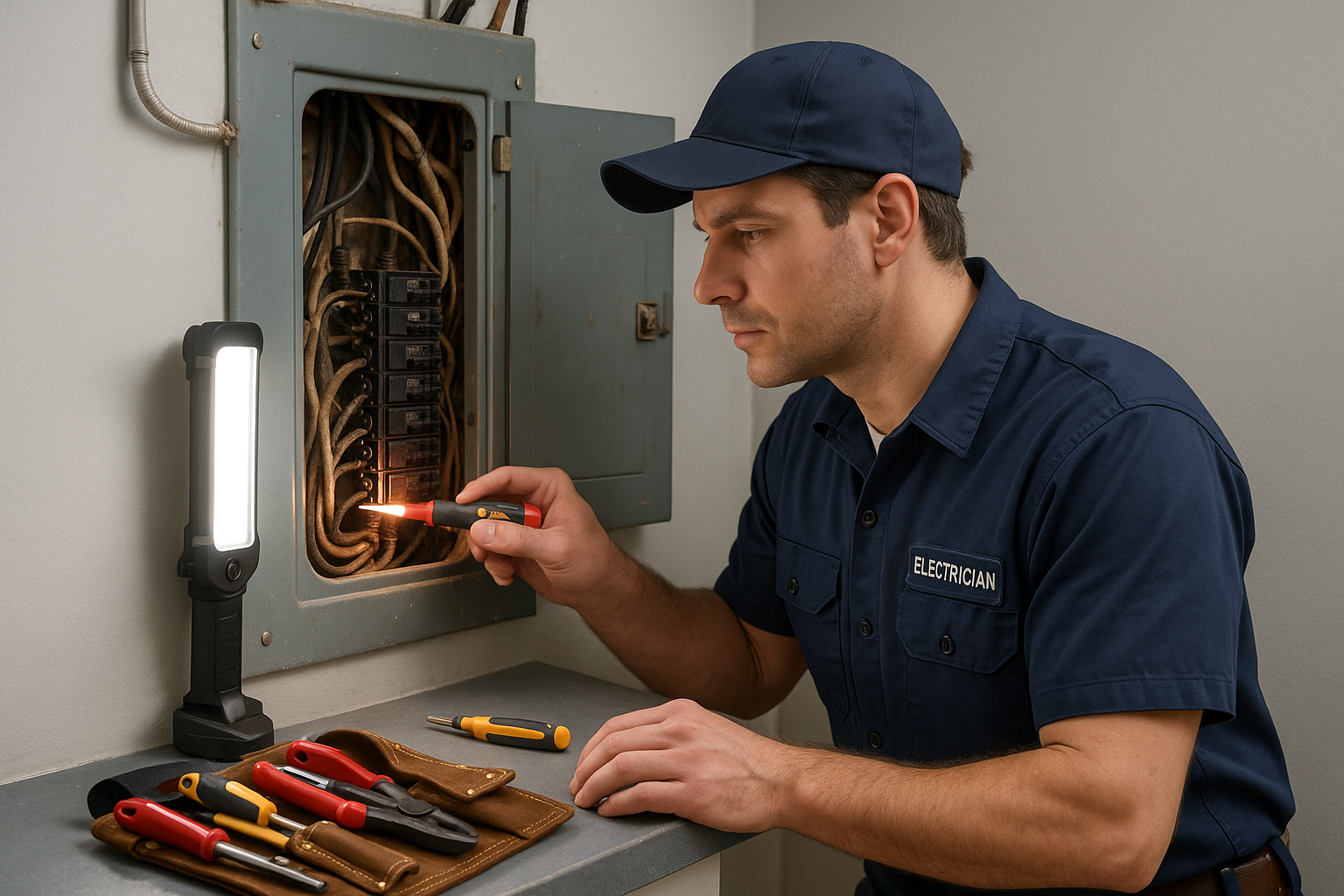 Electrician inspecting old wiring that can cause electrical problems in home