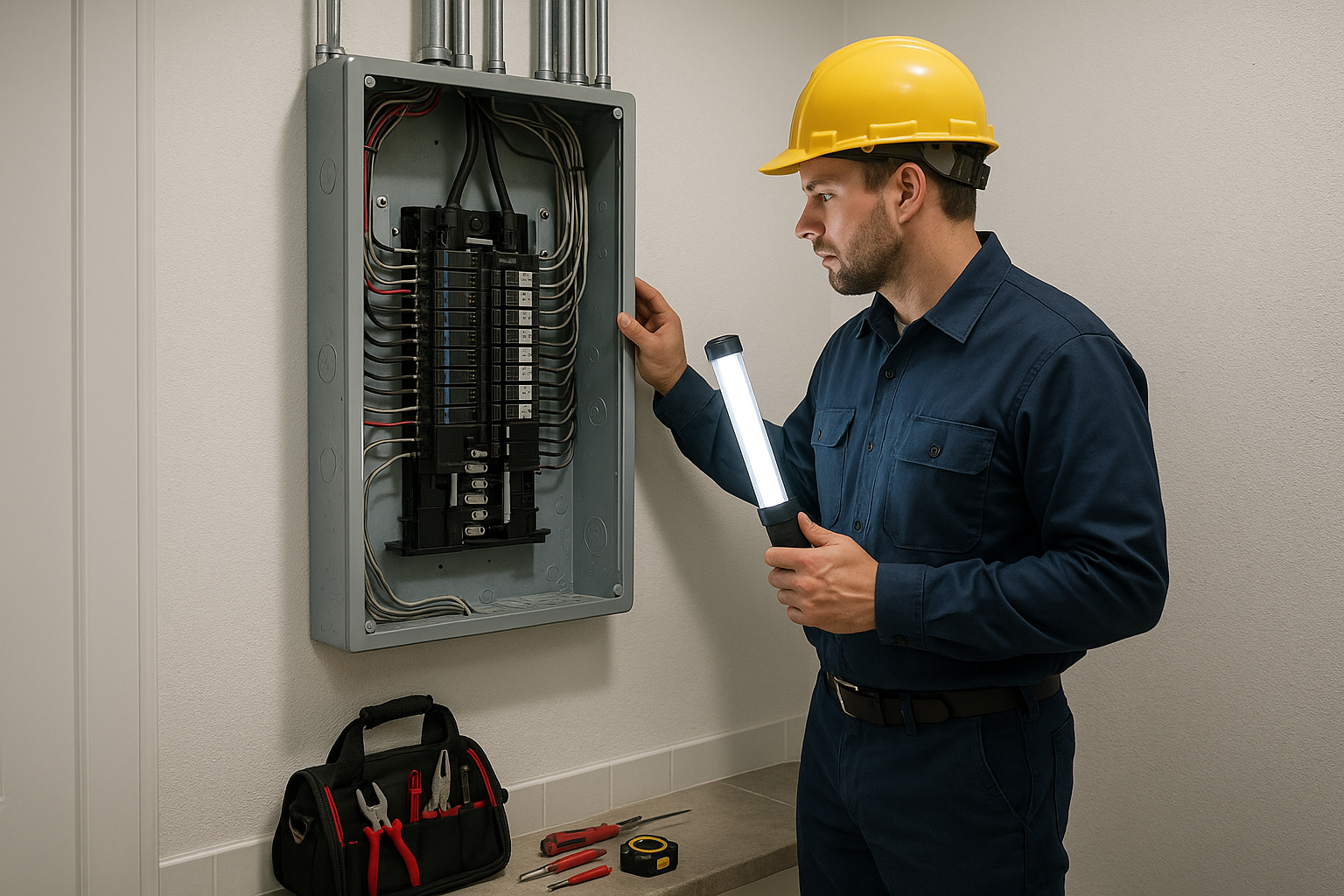 Certified electrician North Port inspecting residential electrical panel