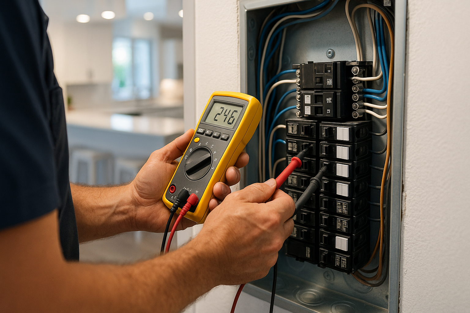 Licensed electrician performing circuit breaker repair and testing in residential electrical panel