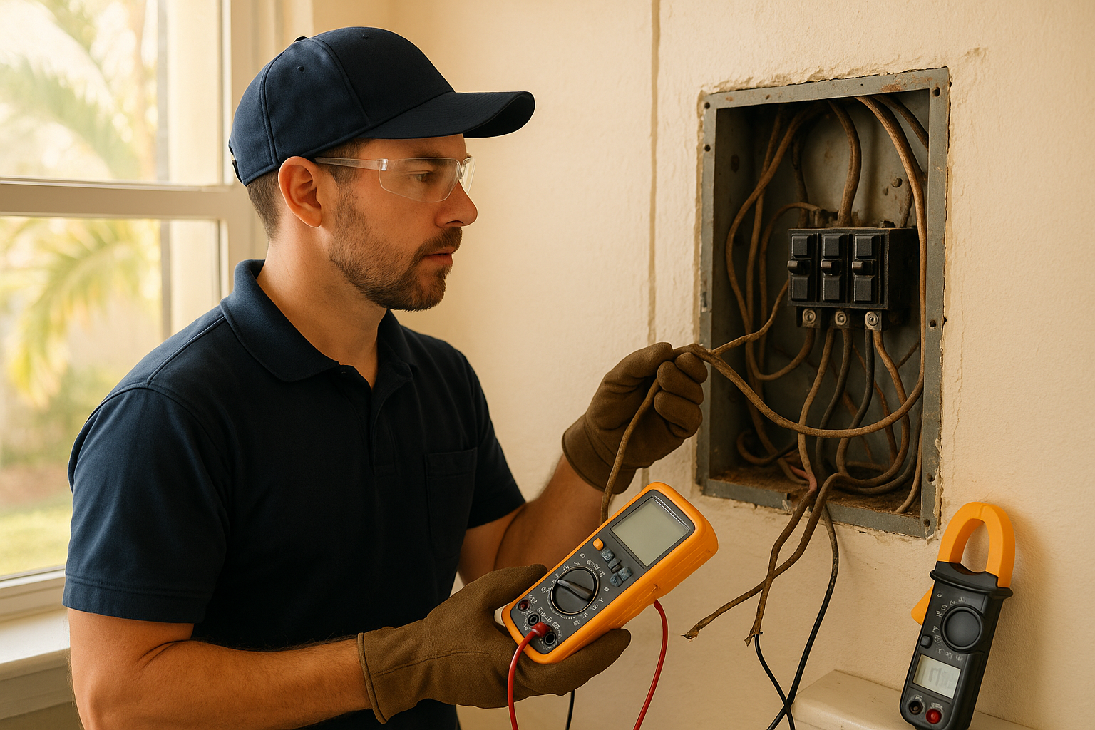 Licensed electrician inspecting old wiring in Southwest Florida home to determine energy efficiency
