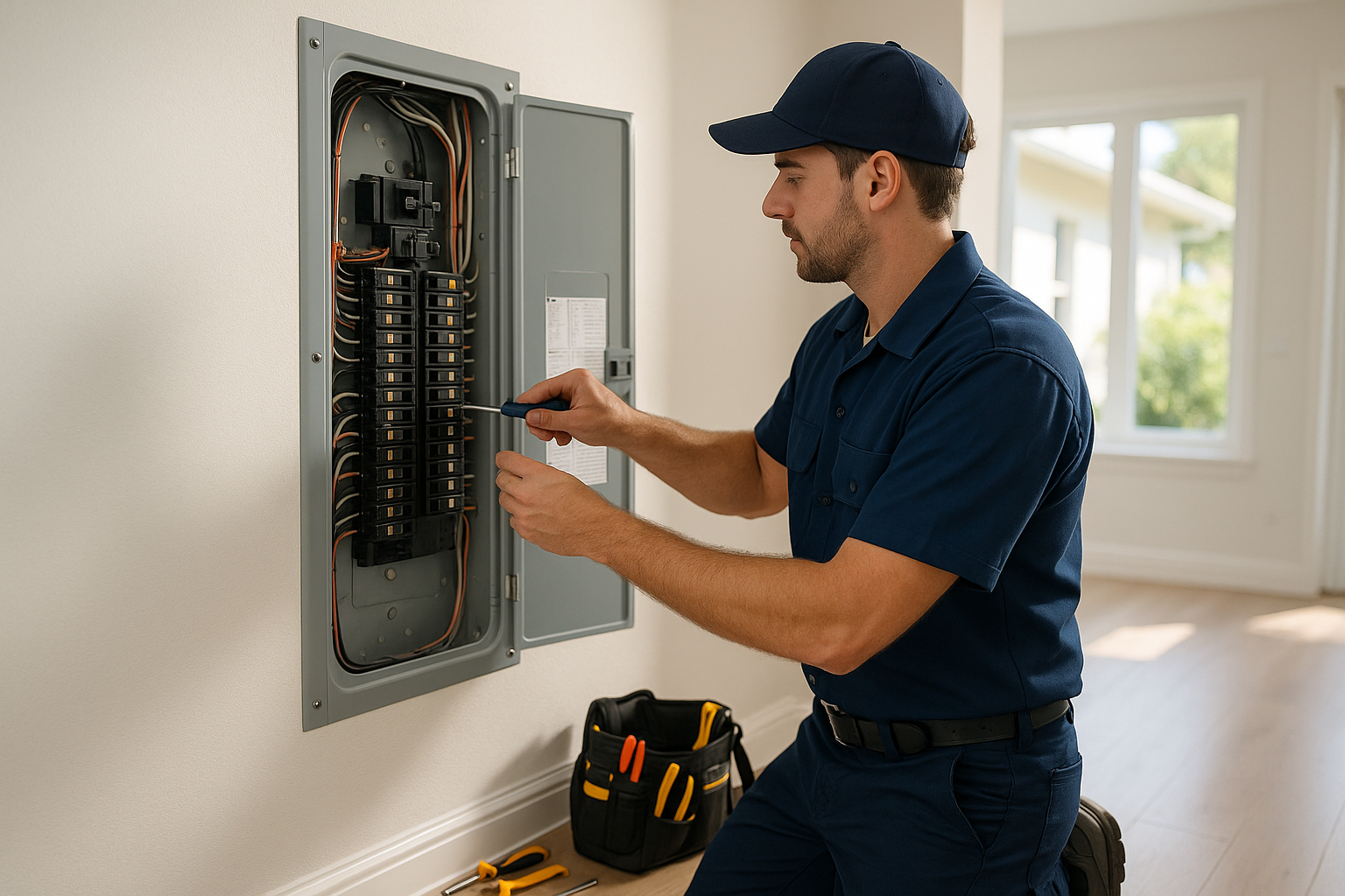 Licensed electricians in Port Charlotte working on residential electrical panel upgrade
