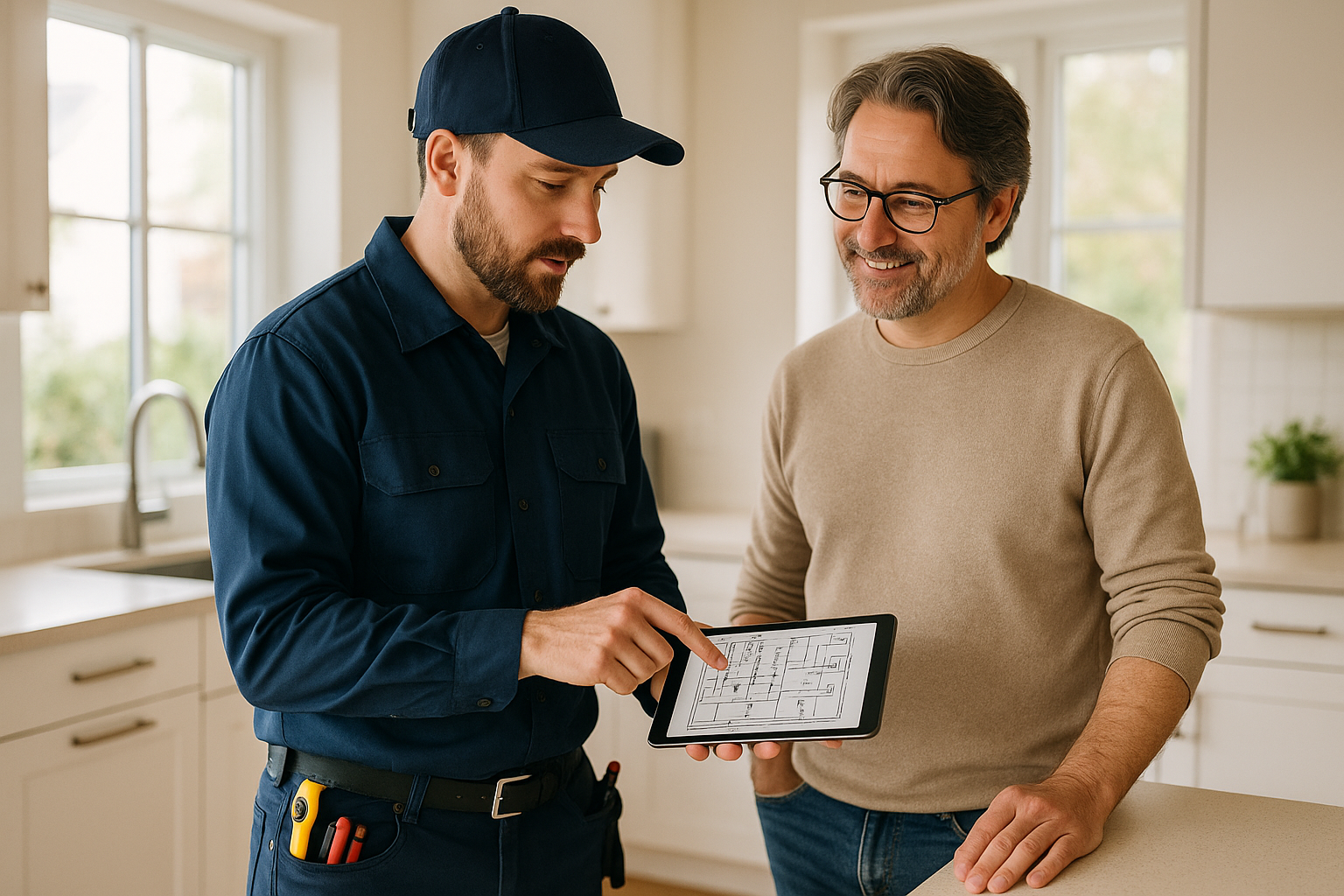 Licensed electrician near me consulting with homeowner about electrical service