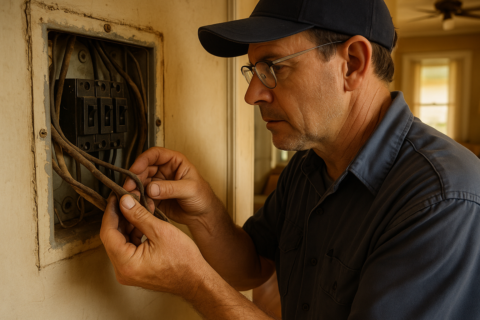 Electrician inspecting old wiring that can cause electrical problems in Florida home
