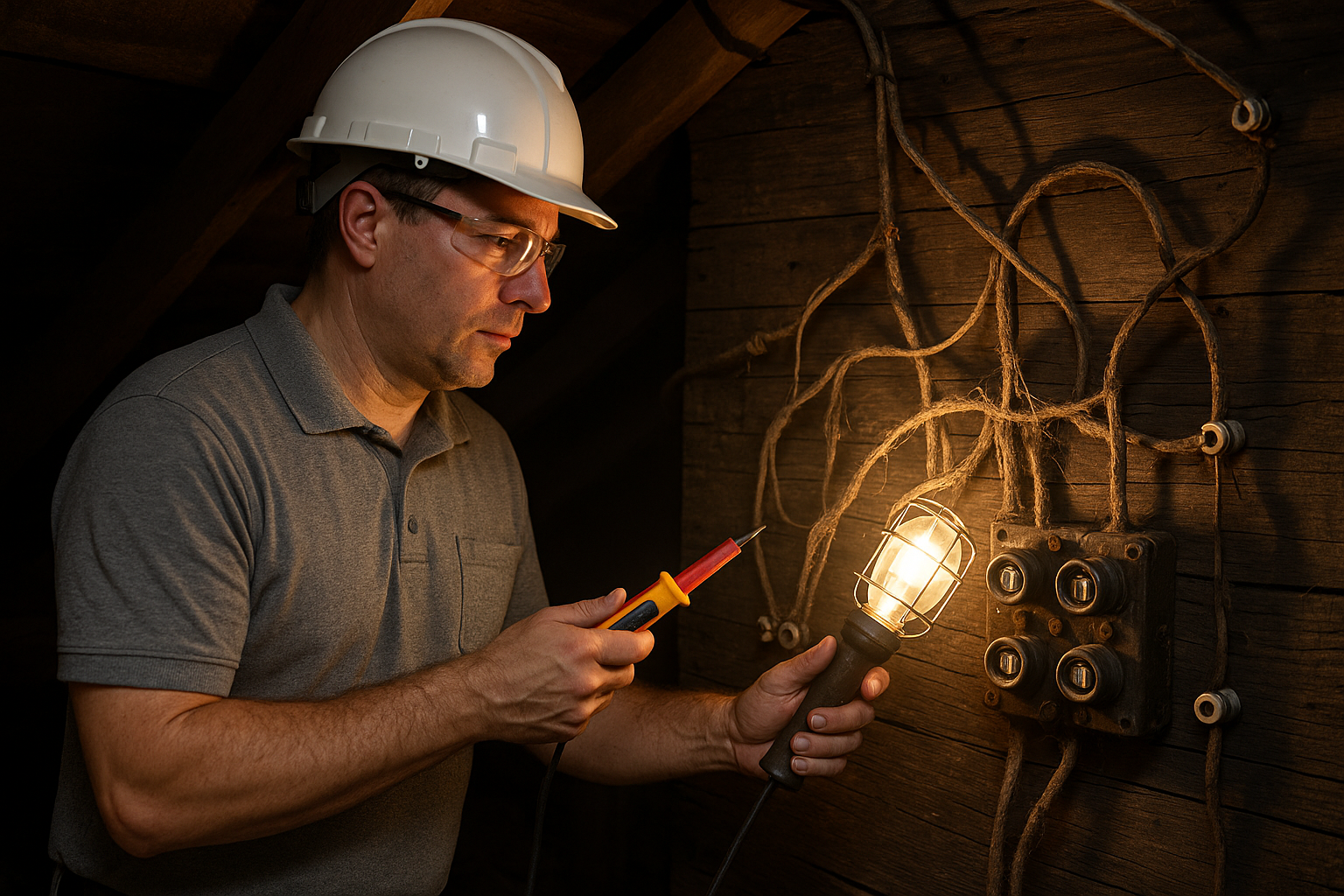 Electrician inspecting old wiring to identify problems and safety hazards