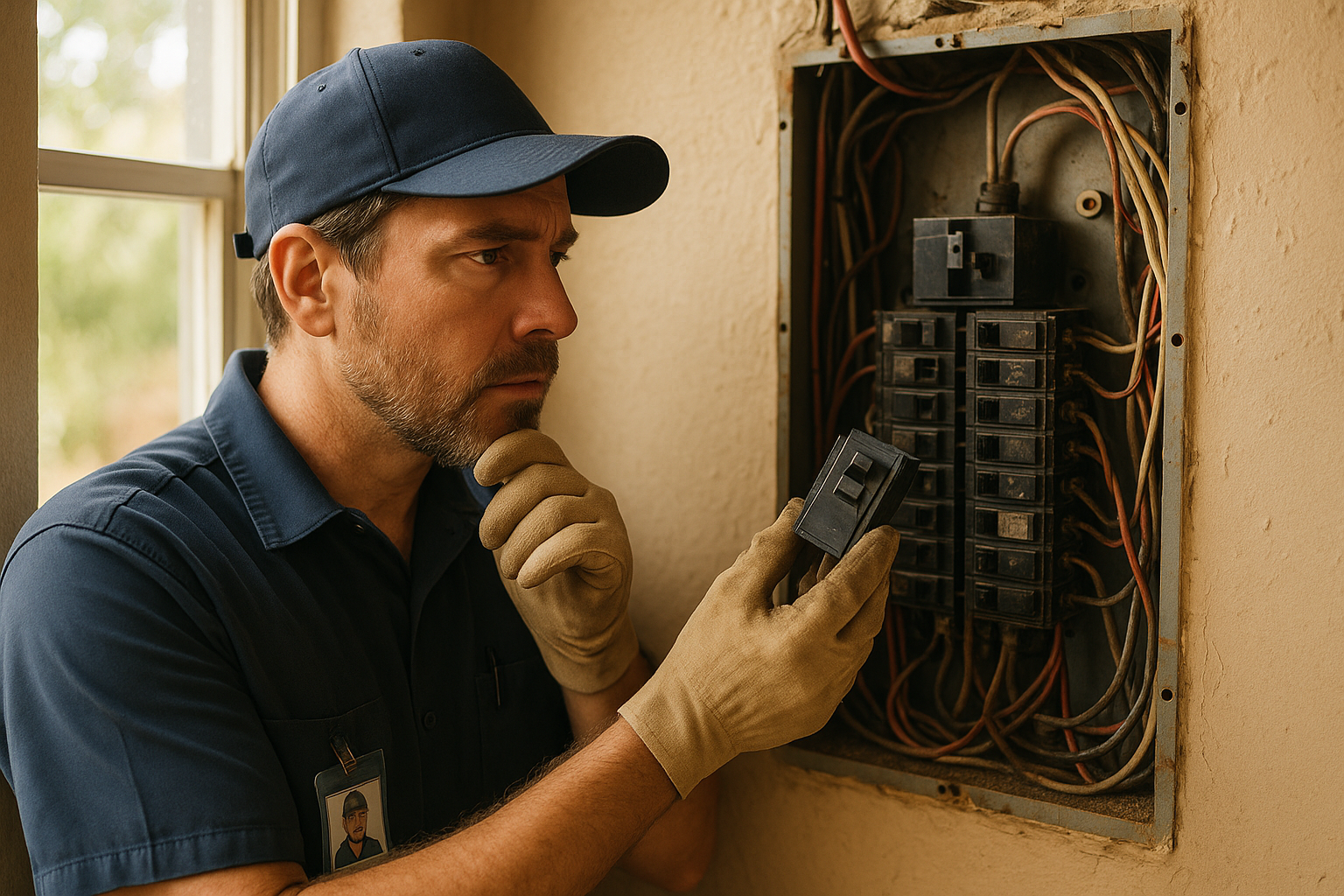 Licensed electrician examining old residential wiring that can cause electrical problems