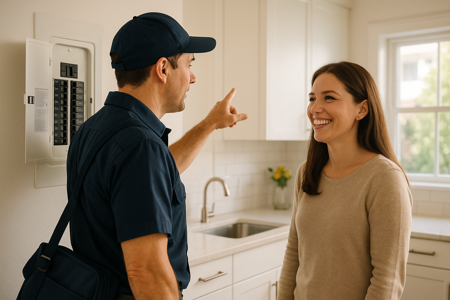 Local electrician consulting with homeowner about electrical panel upgrade