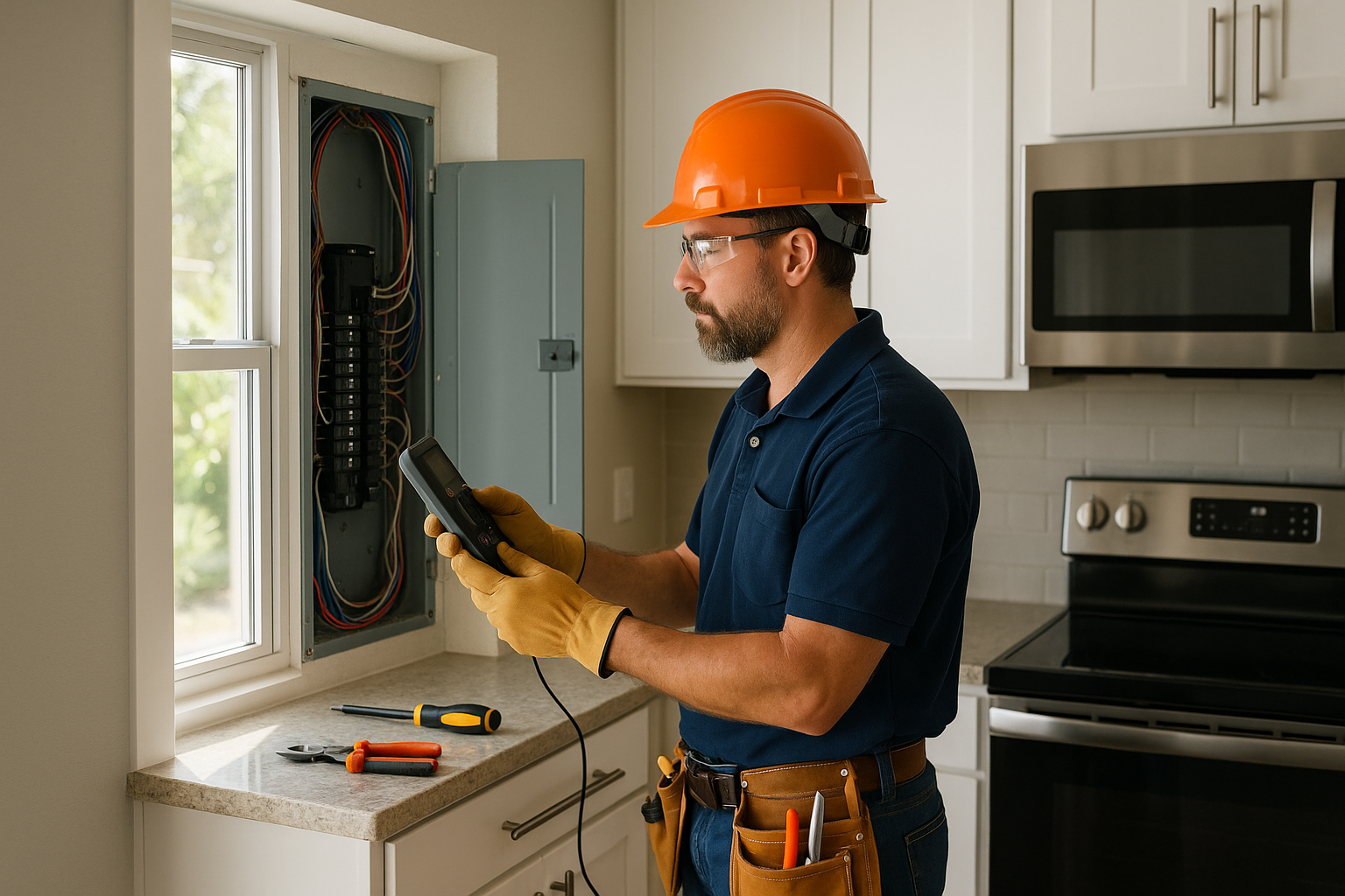Licensed electrician inspecting electrical panel to determine can bad wiring cause home damage