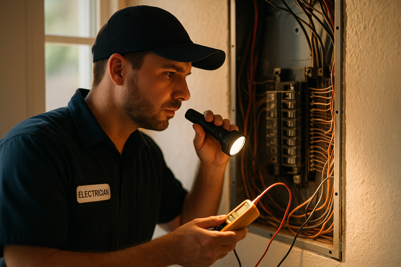 Licensed electrician inspecting electrical panel to identify if bad wiring can cause home damage