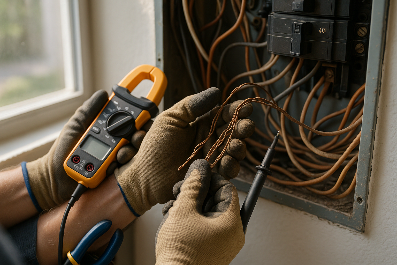 Professional electrician inspecting bad wiring that can cause home electrical problems