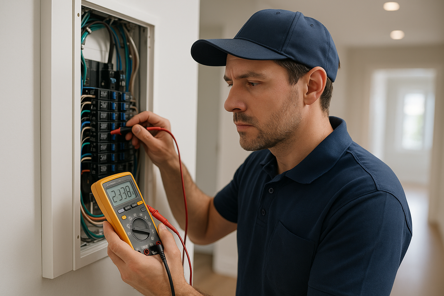 Licensed electrician testing for bad neutral causing high voltage at residential electrical panel