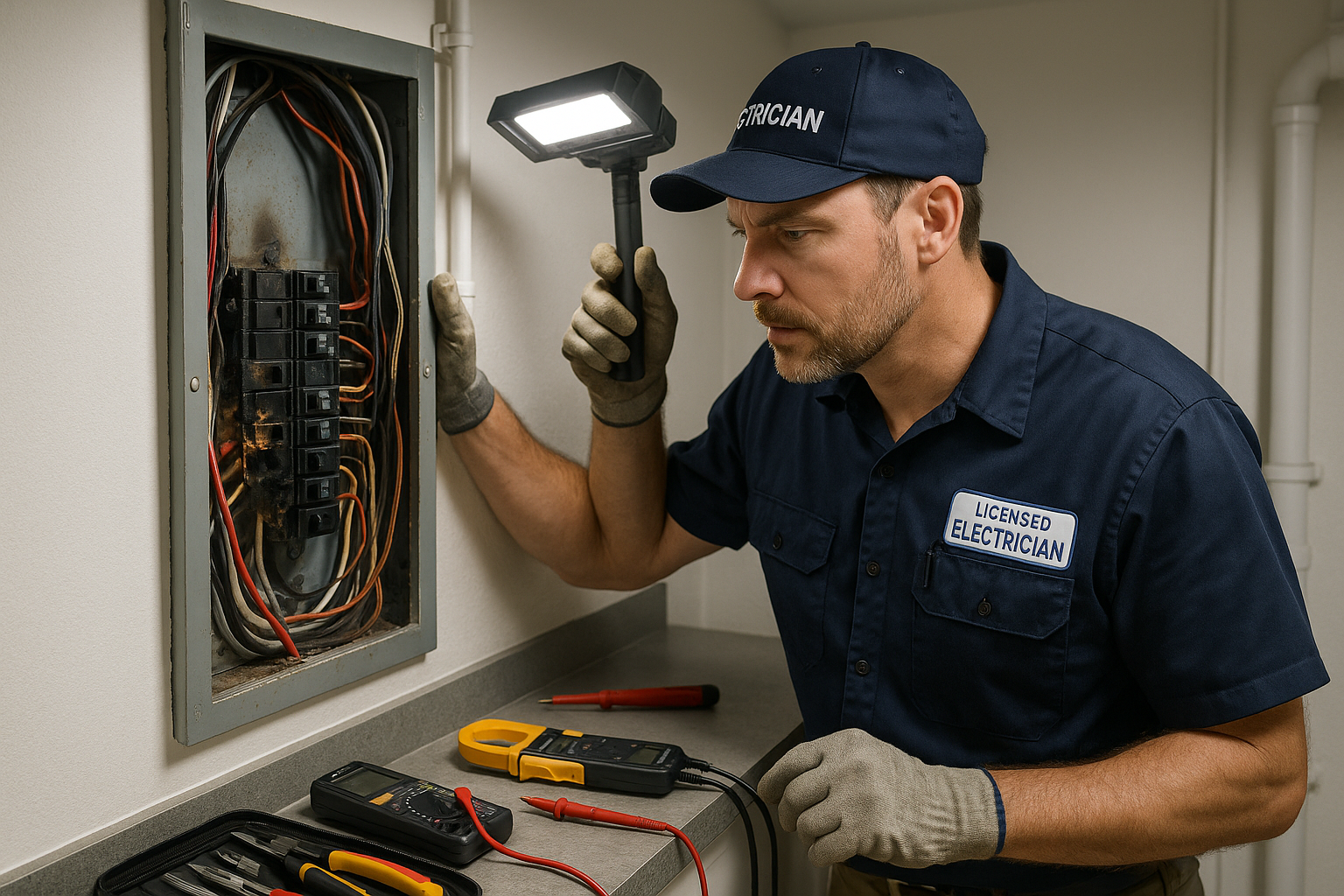 Electrician inspecting electrical panel to determine what damage can bad wiring cause