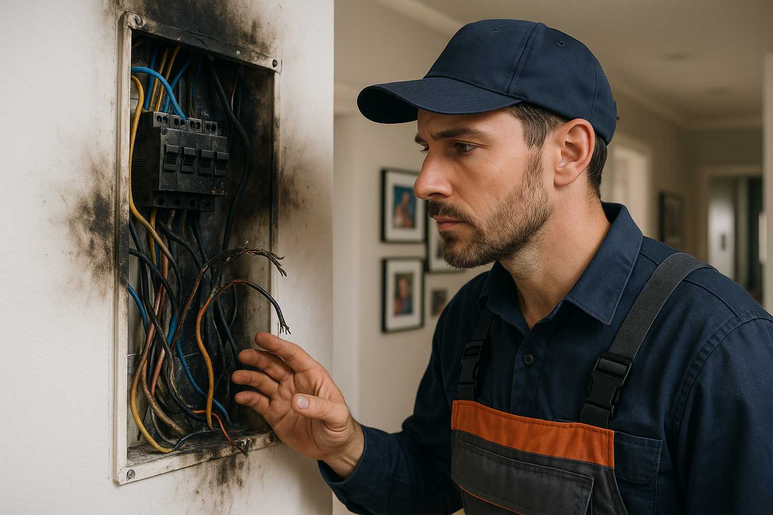 Licensed electrician inspecting damaged wiring that can bad wiring cause in Port Charlotte home
