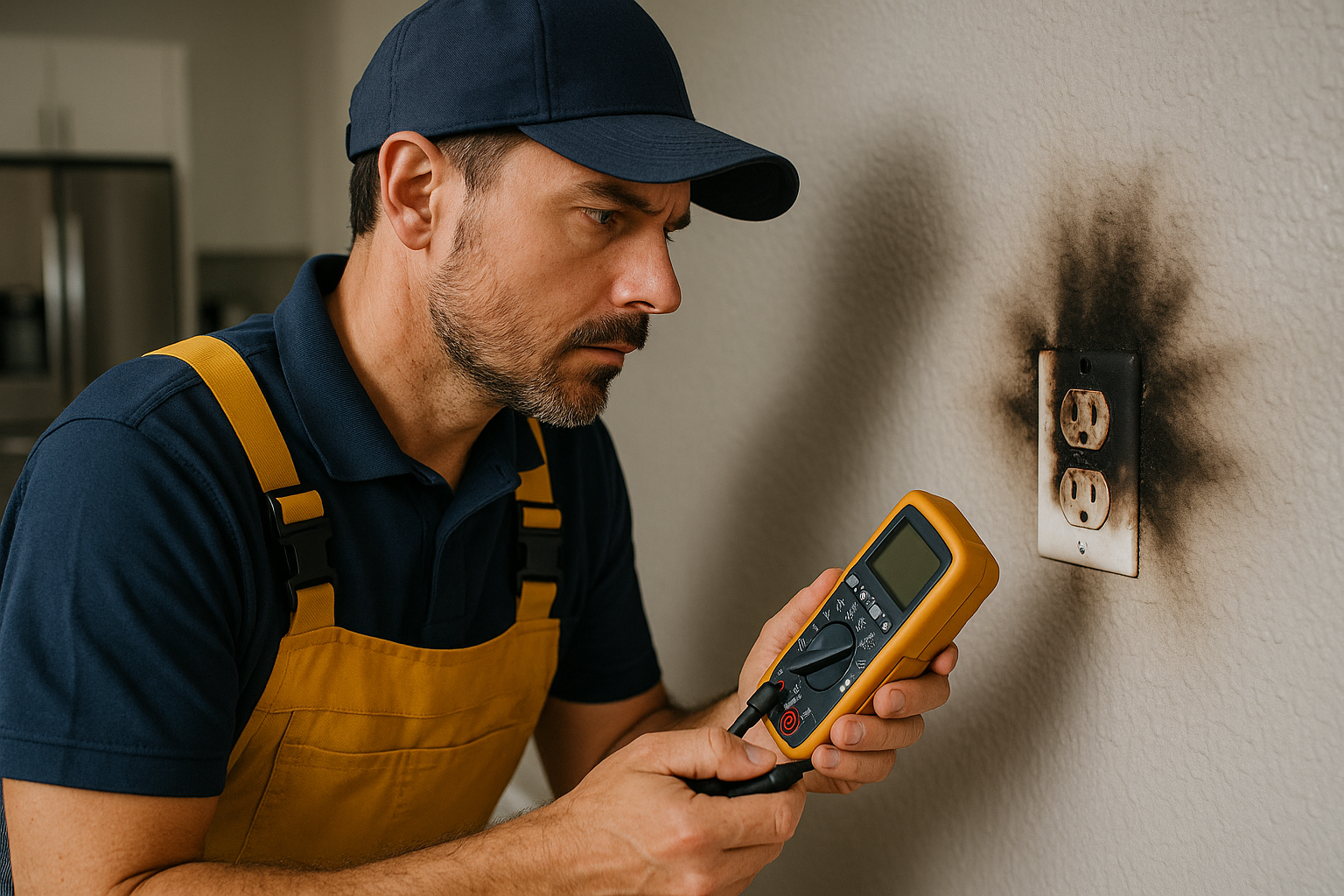 Electrician inspecting fire damage from bad wiring that can cause home problems
