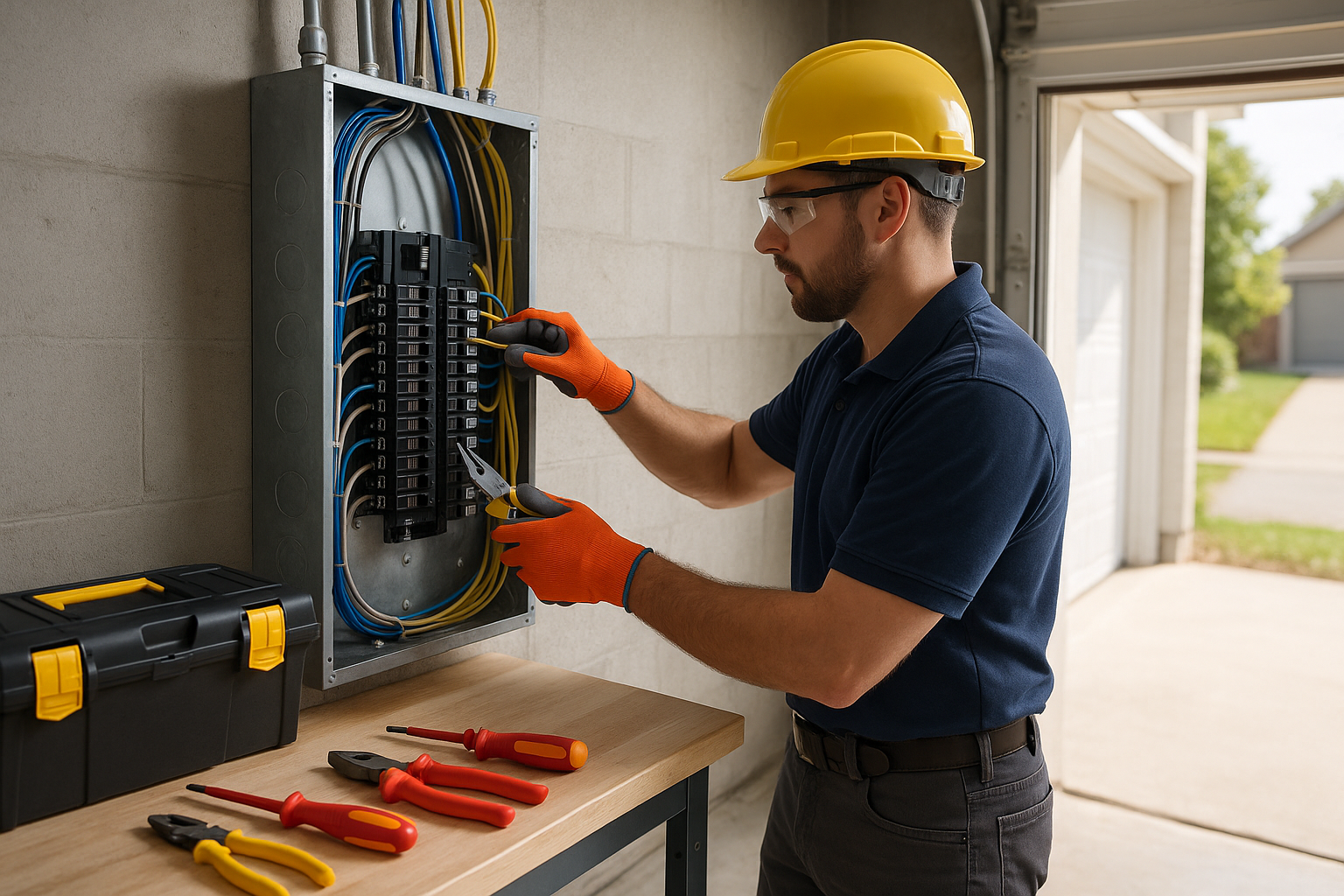 Licensed electrician performing breaker box replacement in Florida home