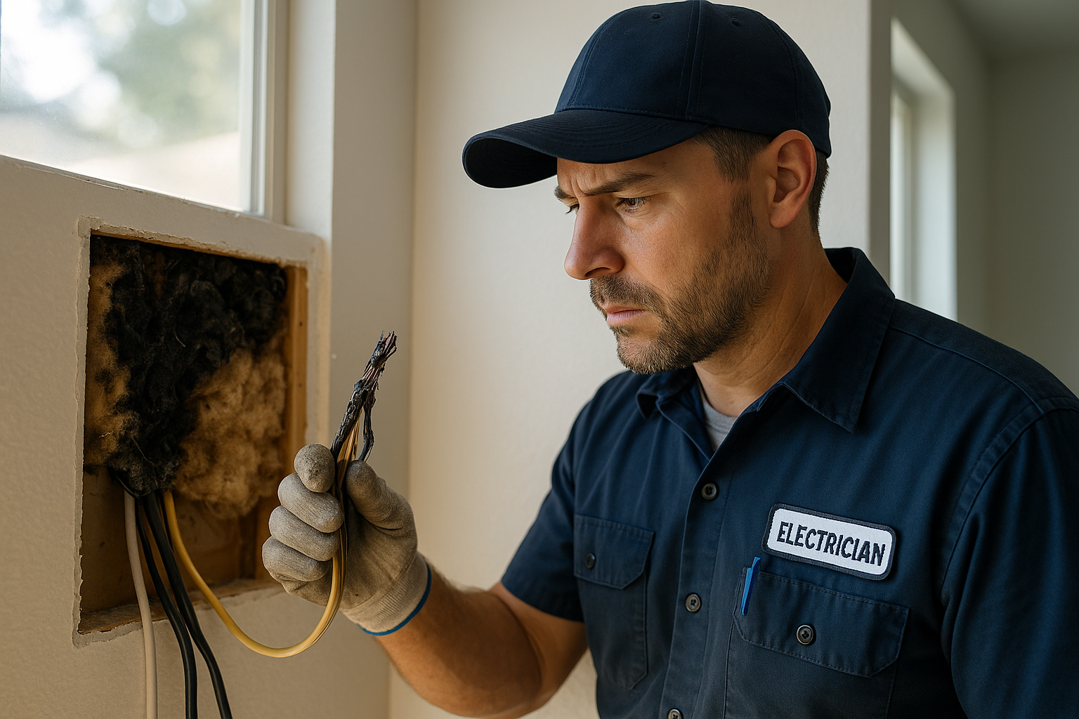 Electrician inspecting faulty wiring damage in Port Charlotte home wall
